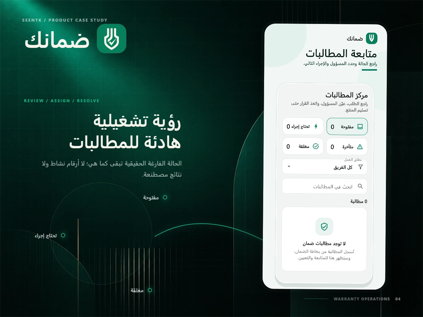 لوحة عرض لمركز المطالبات في ضمانك مع إبقاء الحالة الفارغة الأصلية من دون أرقام مصطنعة